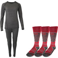 Accezzi merino skiundertøj + 3 par merino skistrømper, rød, dame