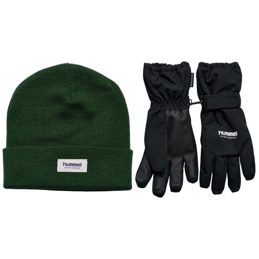 Hummel hmlJR Knit Beanie & Gloves WP sæt, mørkegrøn/sort, junior