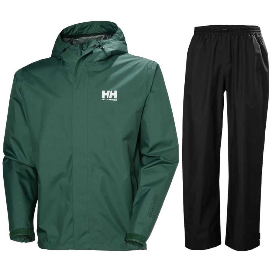 Helly Hansen Seven J/HH Rain, zestaw przeciwdeszczowy, mężczyźni, ciemnozielony/czarny