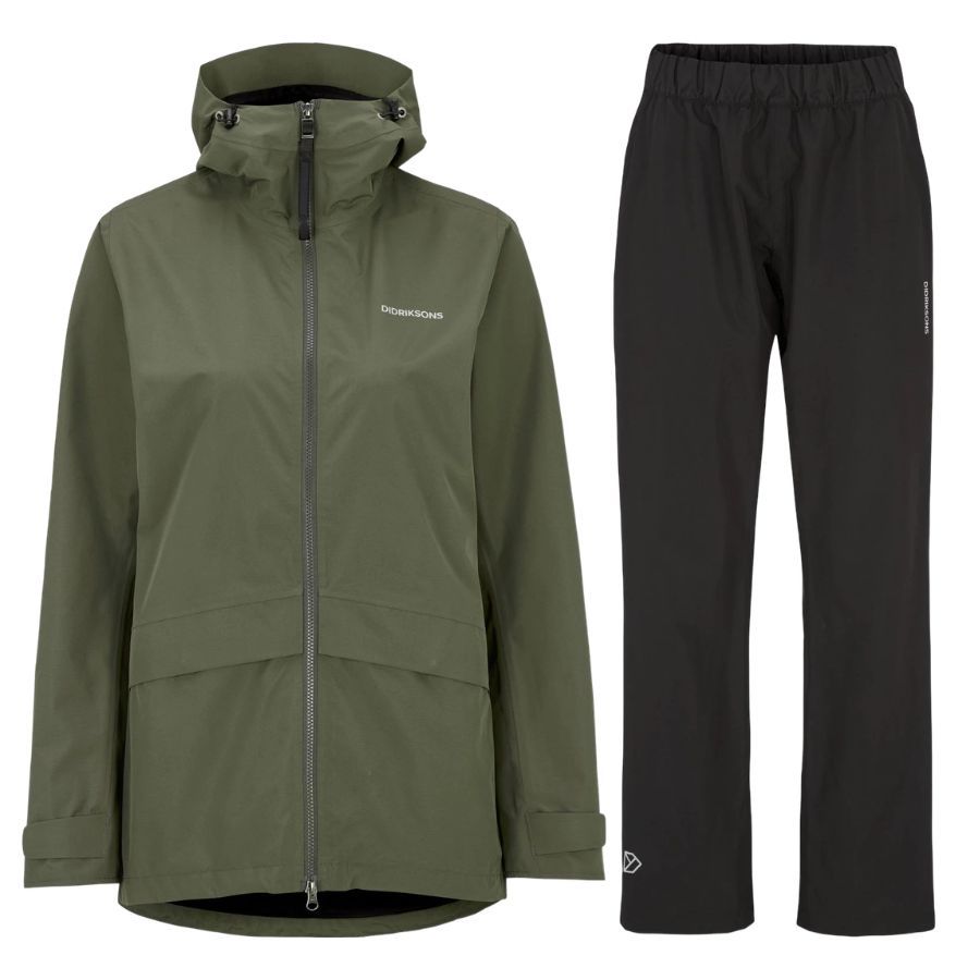 Didriksons Nordic regnställ, dam, mörkgrön/svart