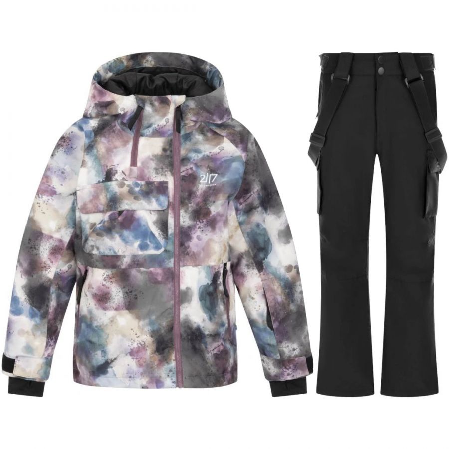 2117 of Sweden Kidden ski jas/ski broek set, junior, aop druif/zwart