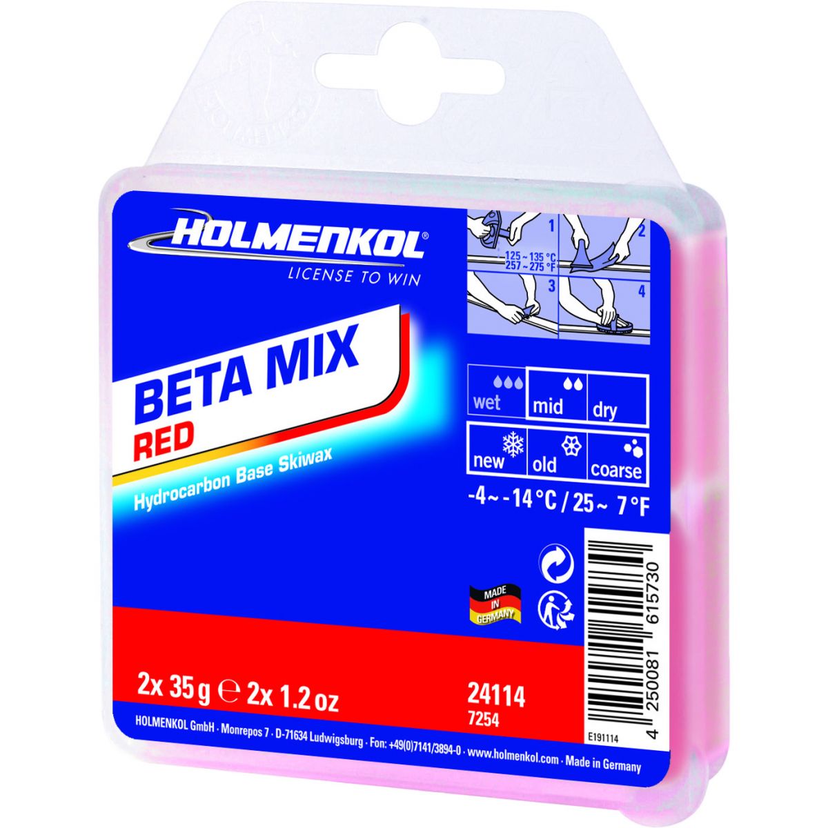 Holmenkol Beta Mix Red, ceră pentru schi, 70g