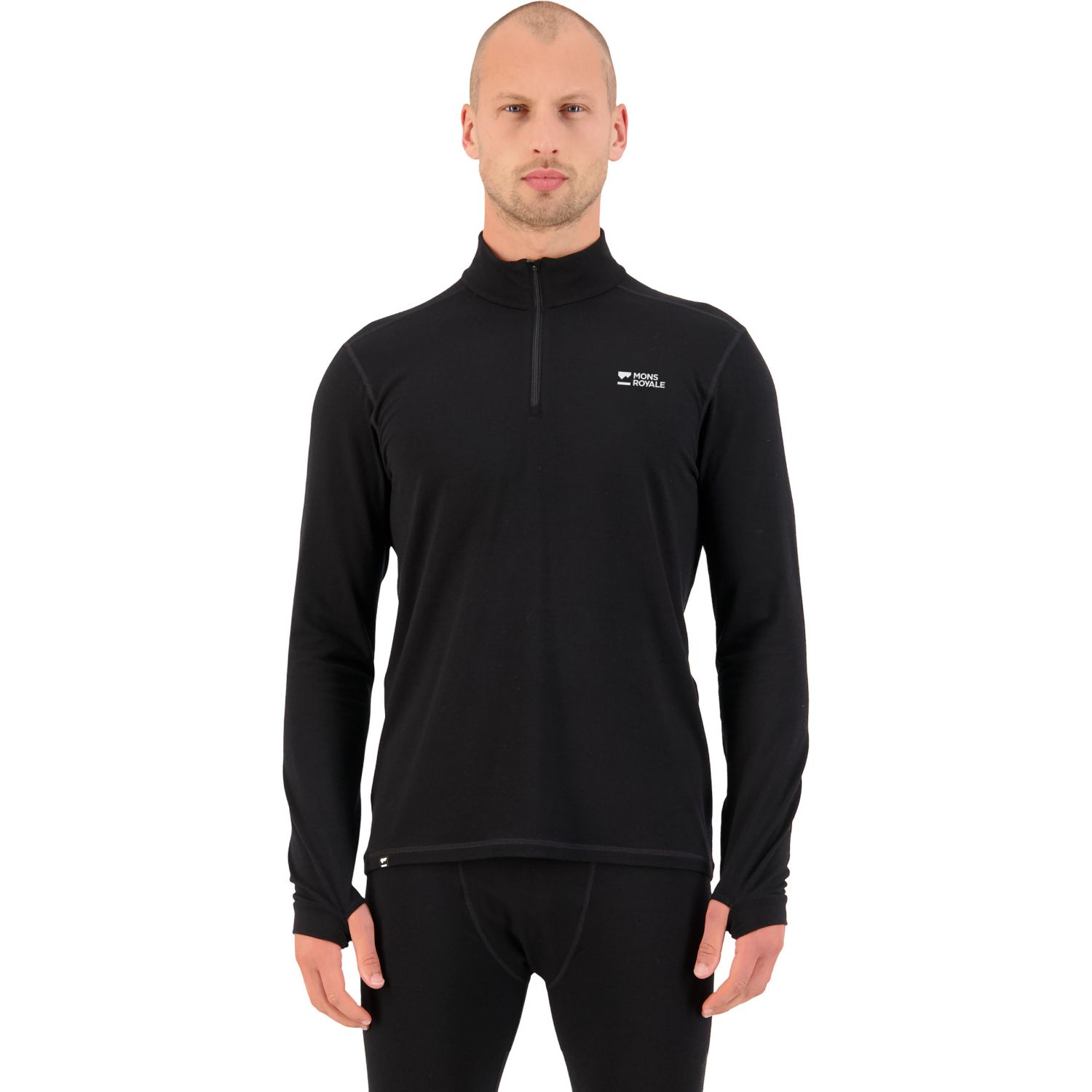 Mons Royale Cascade Merino Base Layer 1/4 Zip, camisola interior de esqui, homem, preto