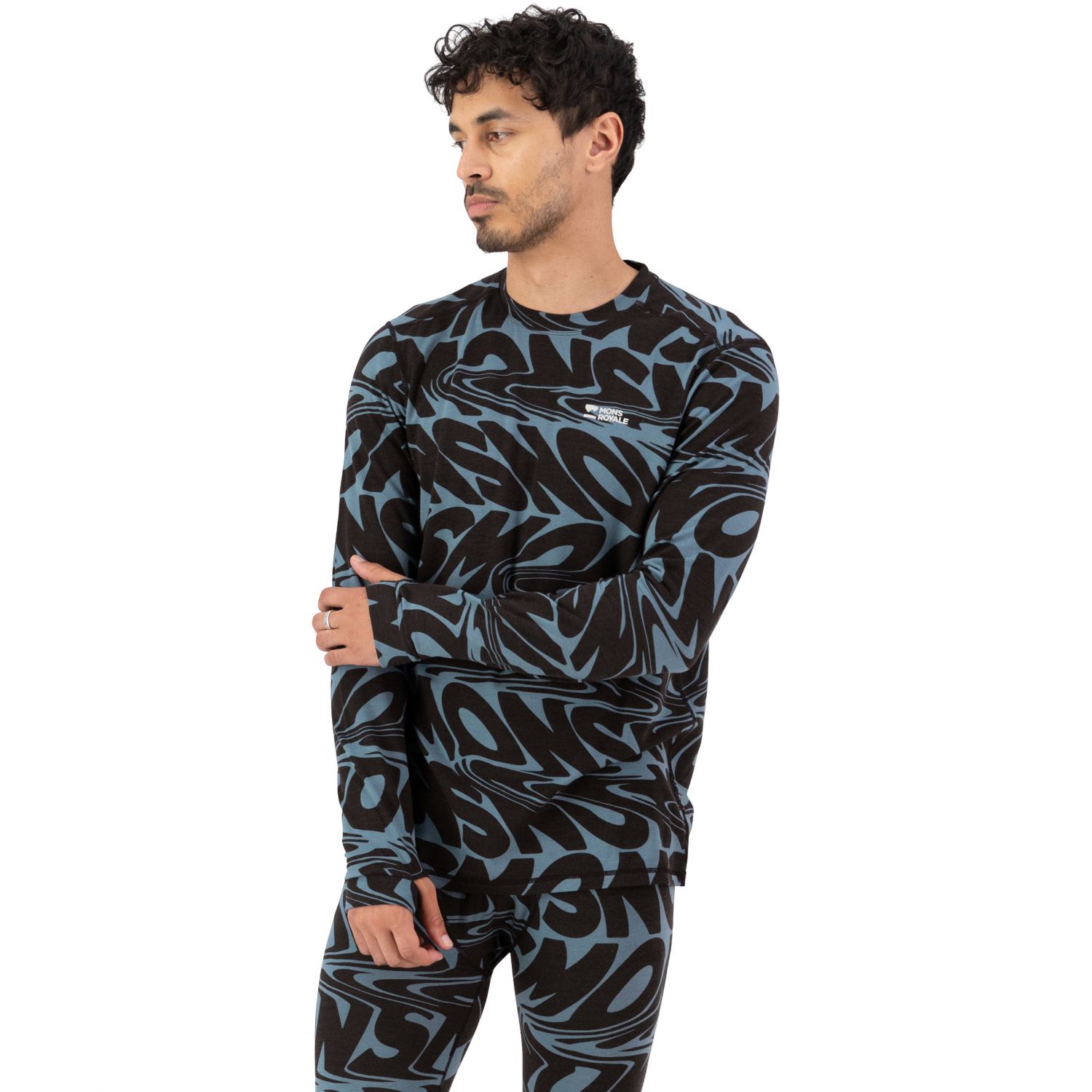 Mons Royale Cascade Merino Base Layer, base layer top, men, signal lost goblin blue