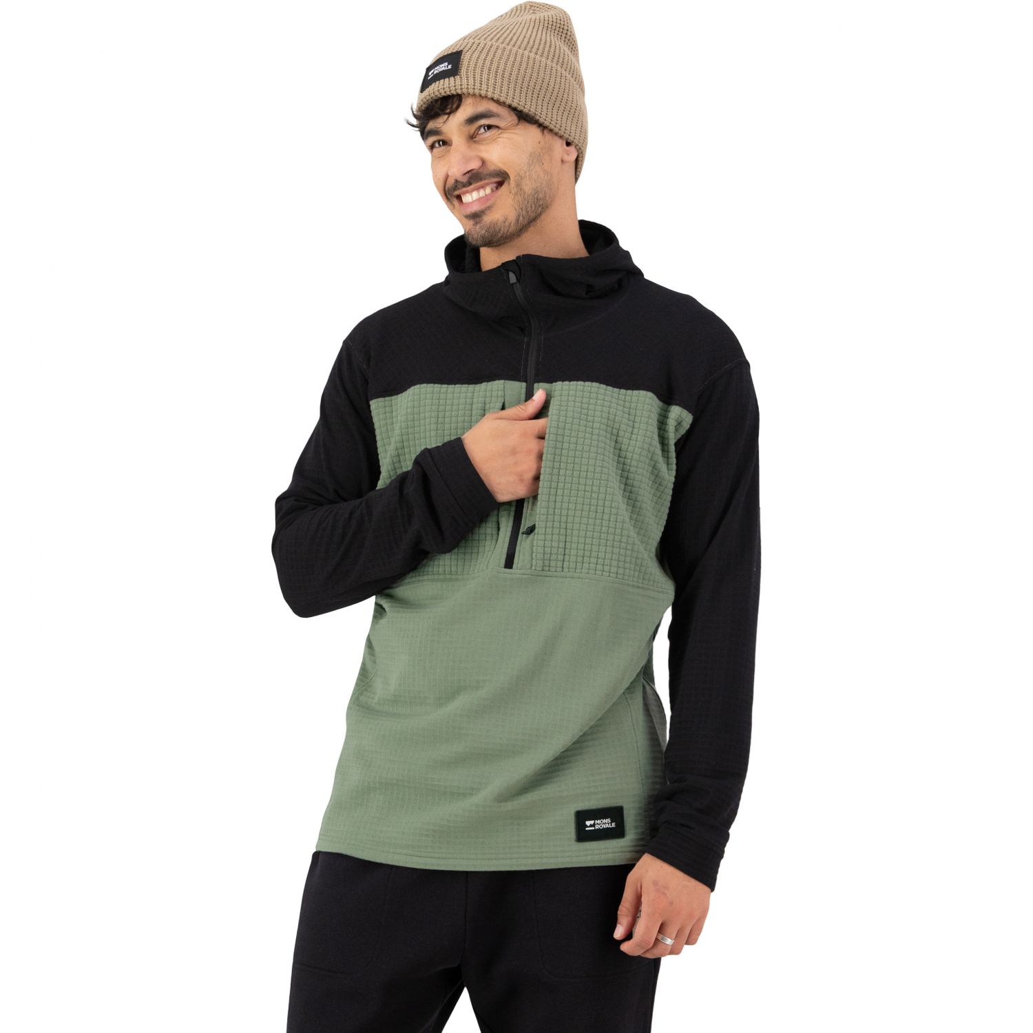 Mons Royale Offgrid Merino Fleece 1/2 Zip, džersej, pánsky, zelená/čierna